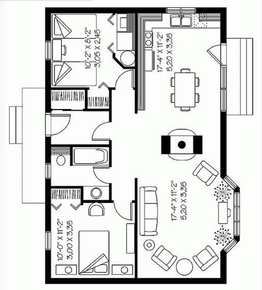Plano de casa amplia de 2 dormitorios y 1 baño