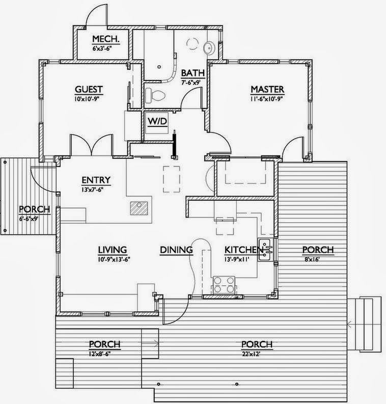 Plano de Casa de vacaciones de dos dormitorios, un baño y porch