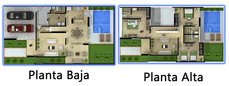 Plano de casa de con jardin y piscina