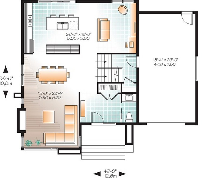 Plano de casa de dos pisos con garage lateral