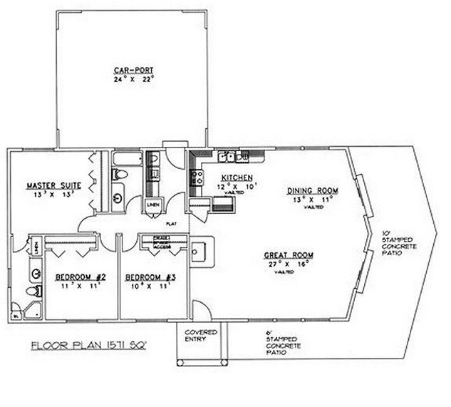 Plano de casa de 3 dormitorios, 2 baños y cochera