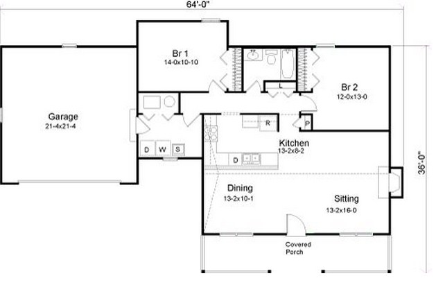 Plano de casa de estilo campestre de 2 dormitorios