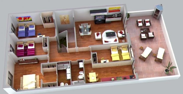 Plano de departamento de 4 dormitorios con balcon y asador
