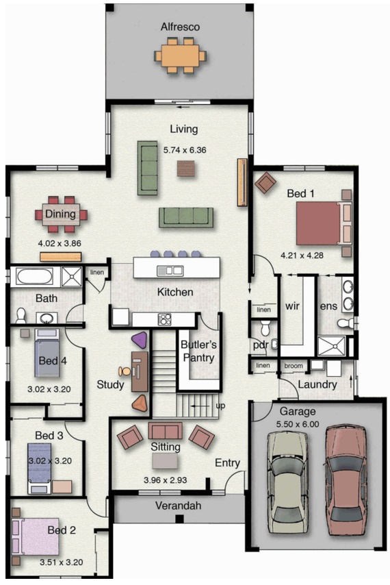 Plano de casa de 4 dormitorios con estilo clásico
