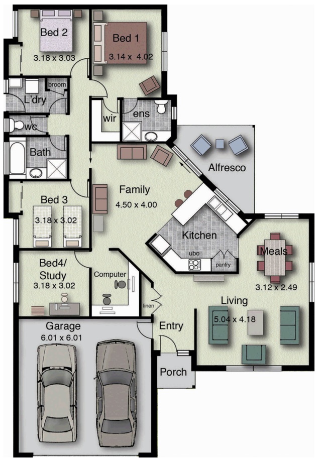 Plano de casa de 4 dormitorios y 2 garages