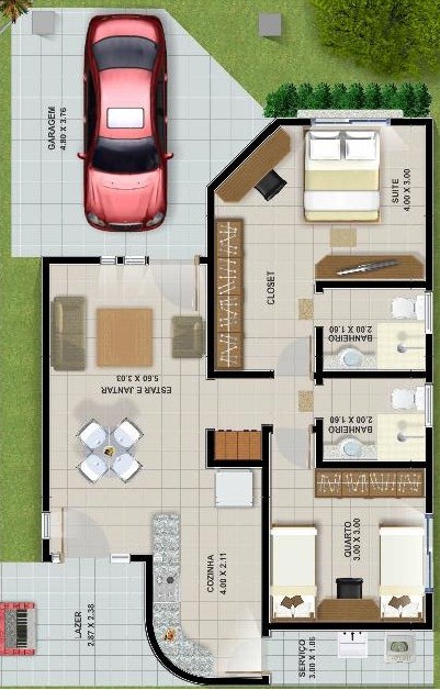 Plano de casa de dos dormitorios en un piso