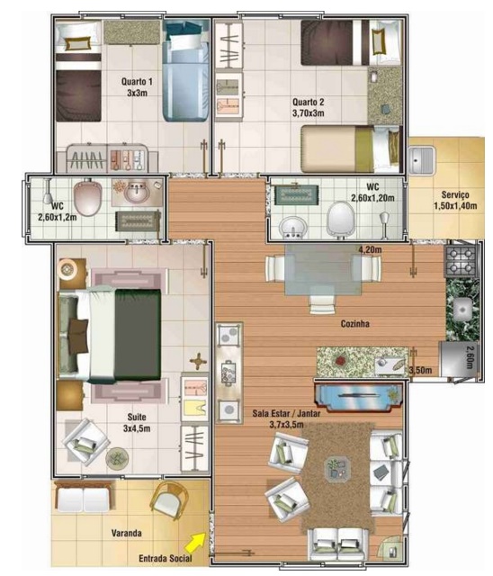 Plano de casa economica con 3 dormitorios