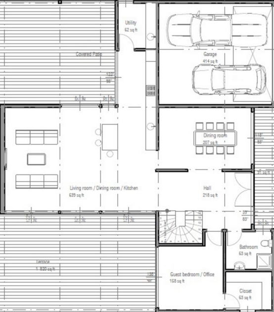 Plano de casa moderna de 3 dormitorios