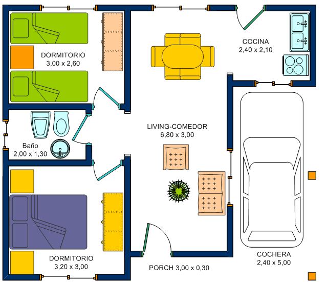 Plano de casa prefabricada de 2 dormitorios con cochera