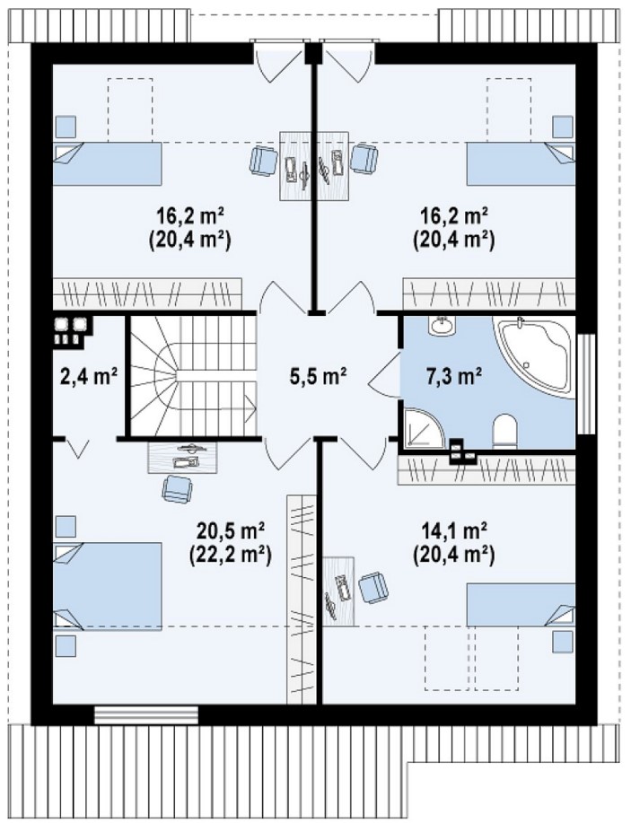 Plano de casa de 2 pisos con techos grandes
