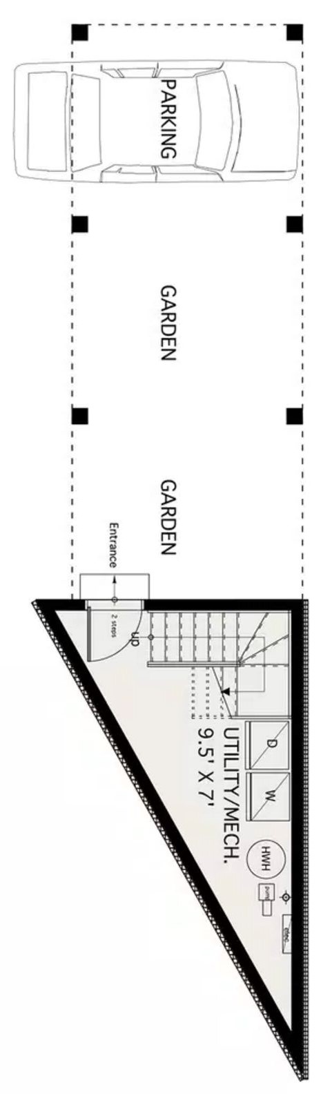 Plano de casa en cuña con 80 metros cuadrados