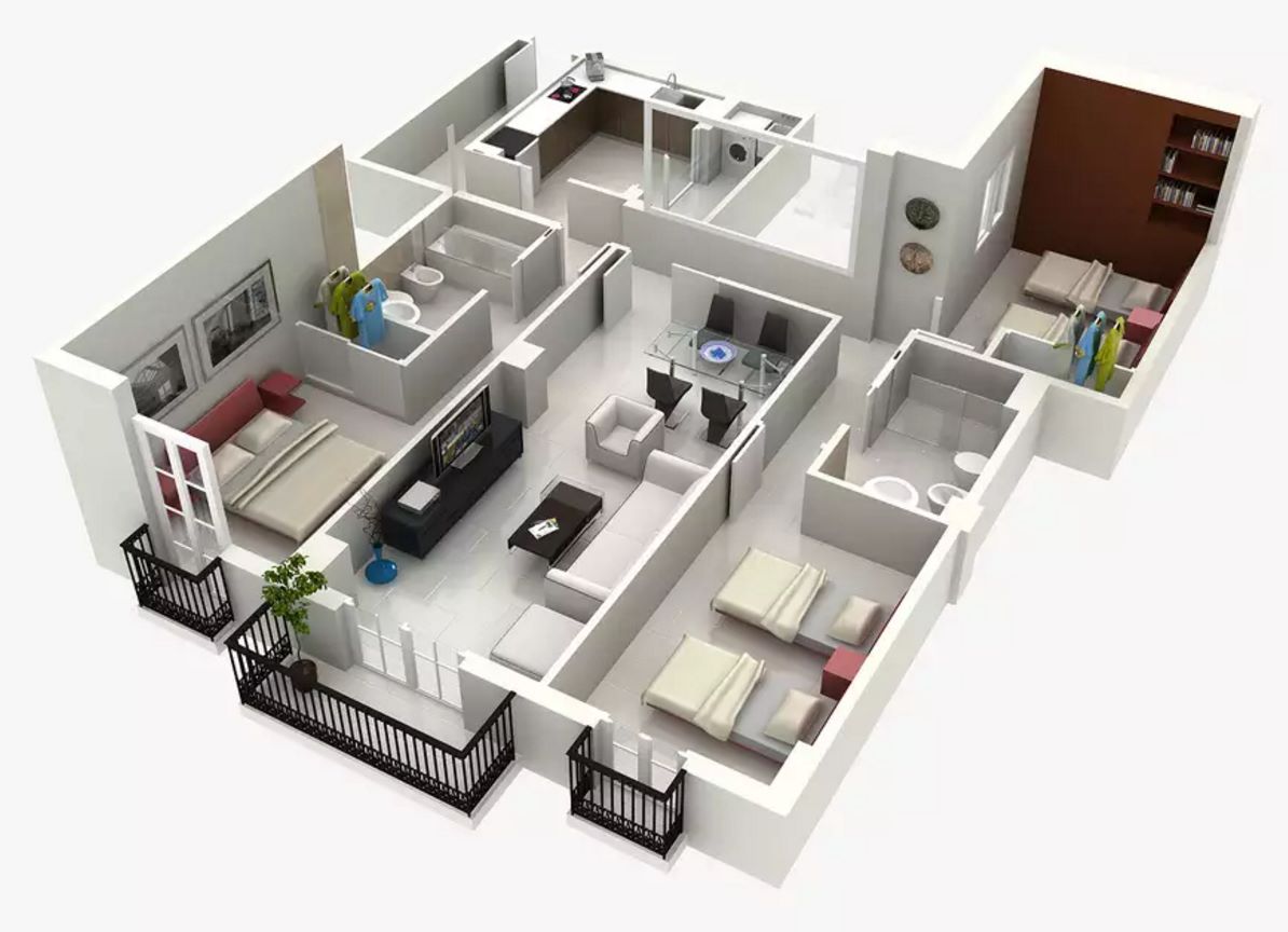 Plano de departamento de 3 habitaciones en 3D