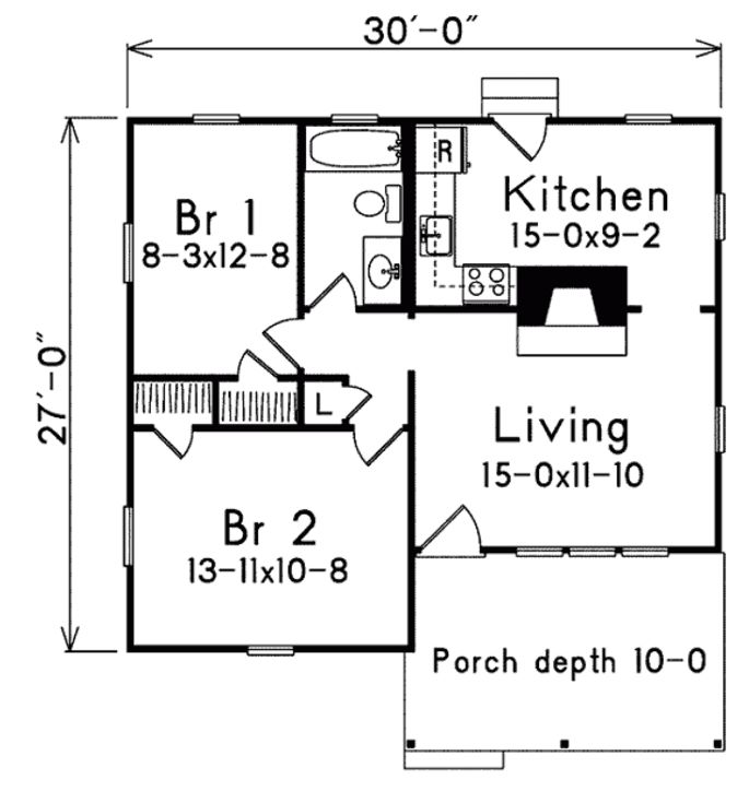 Plano pequeño de 70 metros cuadrados y 2 dormitorios