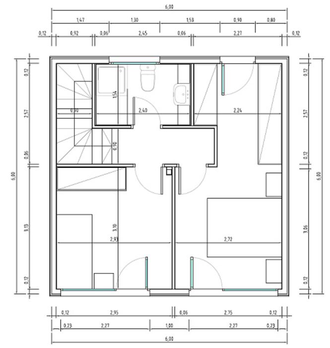 Plano de casa de 6x6 de dos pisos con dos habitaciones cada ambiente detallada